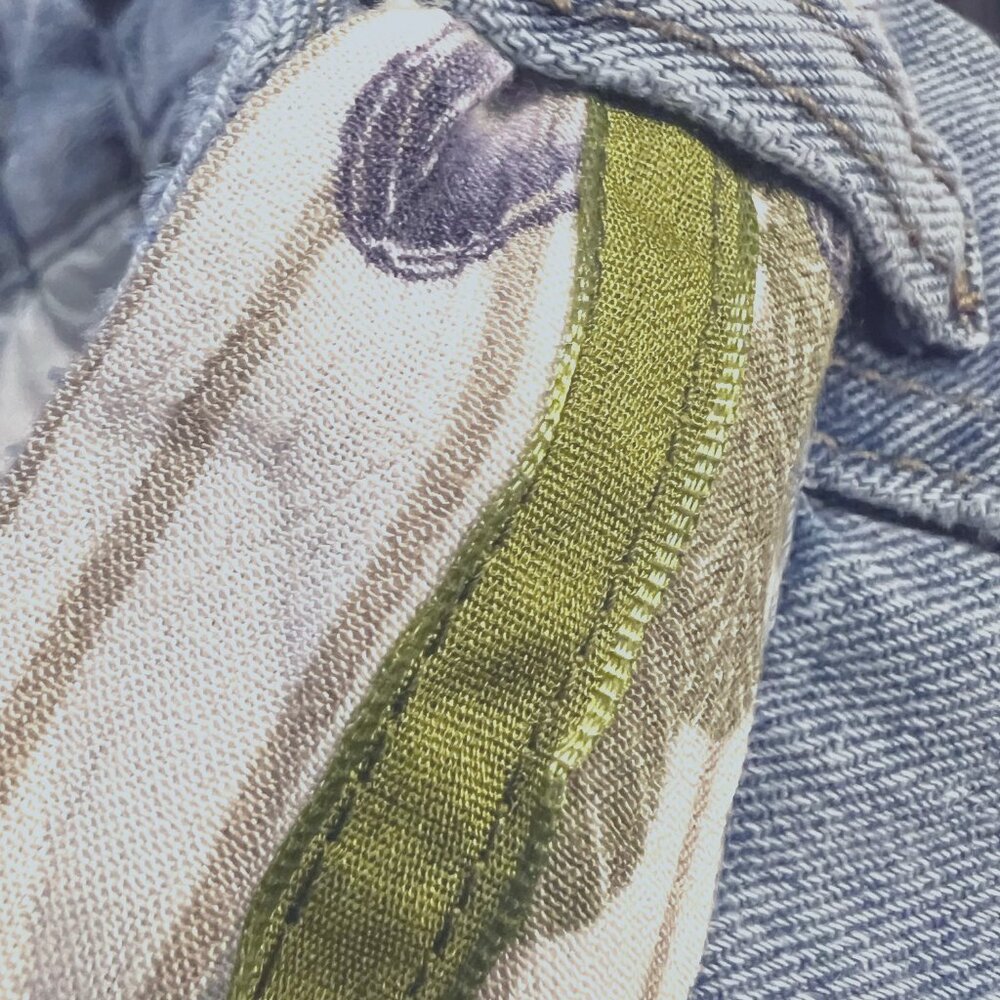 Handmade Upcycled Denim Jean Skirt-Sz. Small-Blue/Green/Floral Long Slit Skirt - Picture 4 of 12
